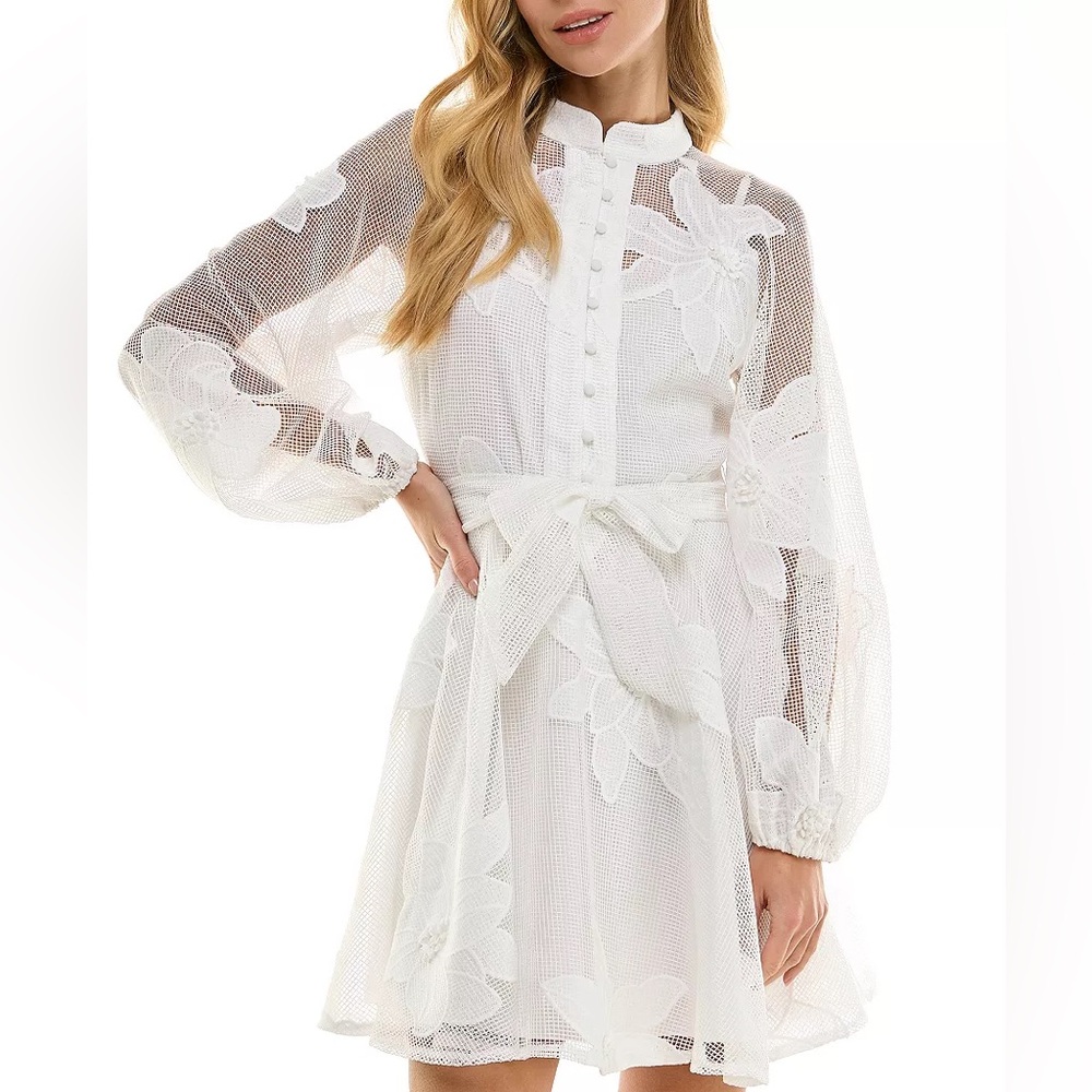 Elegant White Floral Mesh Mini Dress with Tie Waist